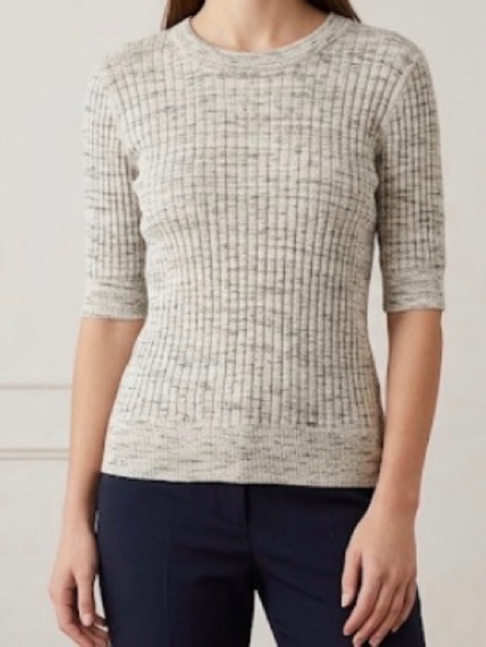 Joie Ribbed Short-Sleeve Knit Top — Heathered Cream